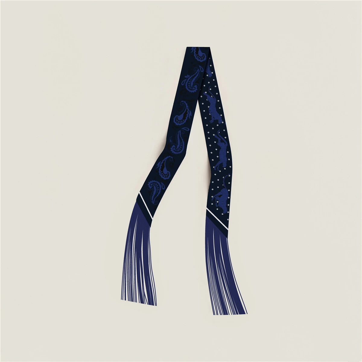 Printed Narrow Ribbon Scarf with Decorative Fringed Ends