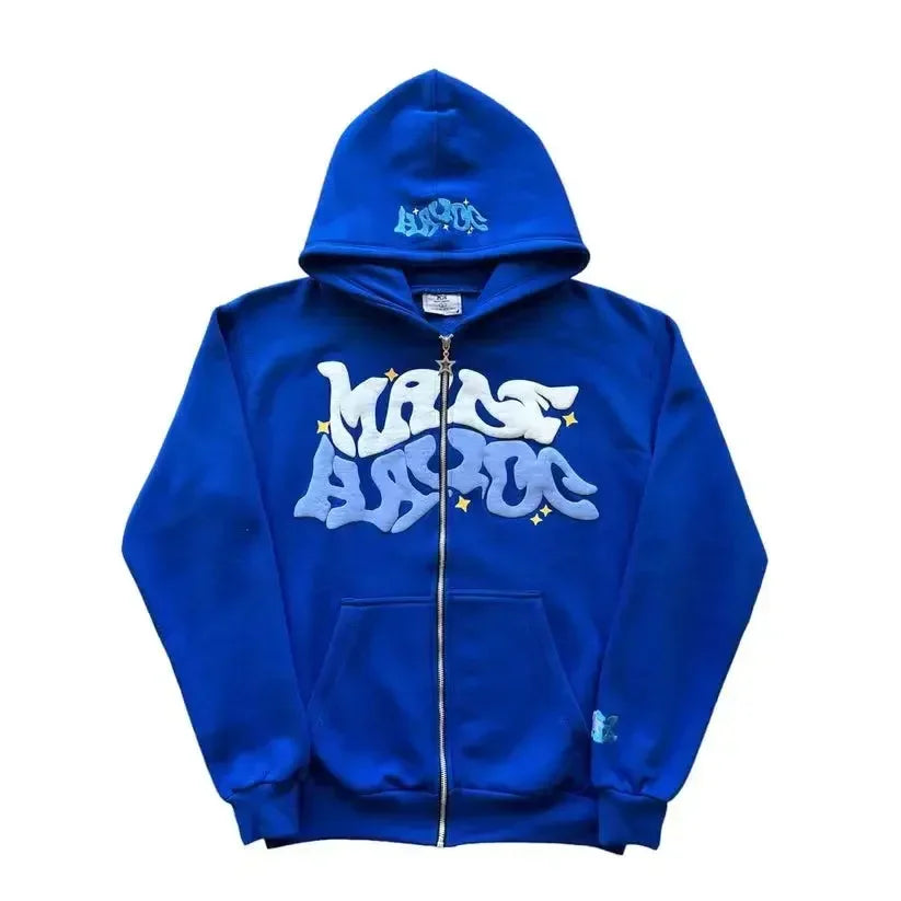 Men's Letter-Print Fleece Long-Sleeve Zip-Front Hoodie