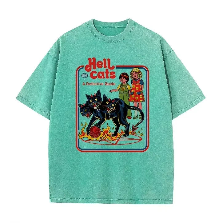 Purple Acid Wash Hell Cats Graphic Casual Retro Streetwear Tee