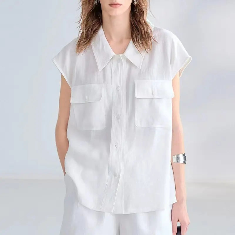 Women's Linen Collared Loose Button-Up Shirt with Front Pockets and Dropped Shoulders