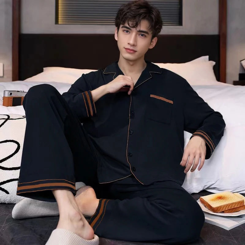 Men's Printed Button Front Long Sleeve Shirt and Pants Pajama Set