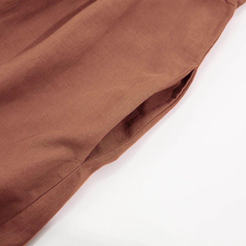 Women's Cotton-Linen Round-Neck Short-Sleeve Loose A-Line Midi Dress with Pockets for Summer