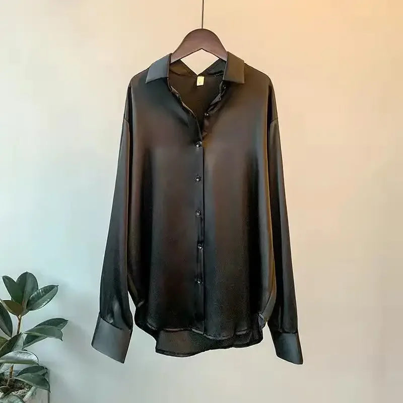 Women's Long Sleeve Button Front Satin Look Shirt