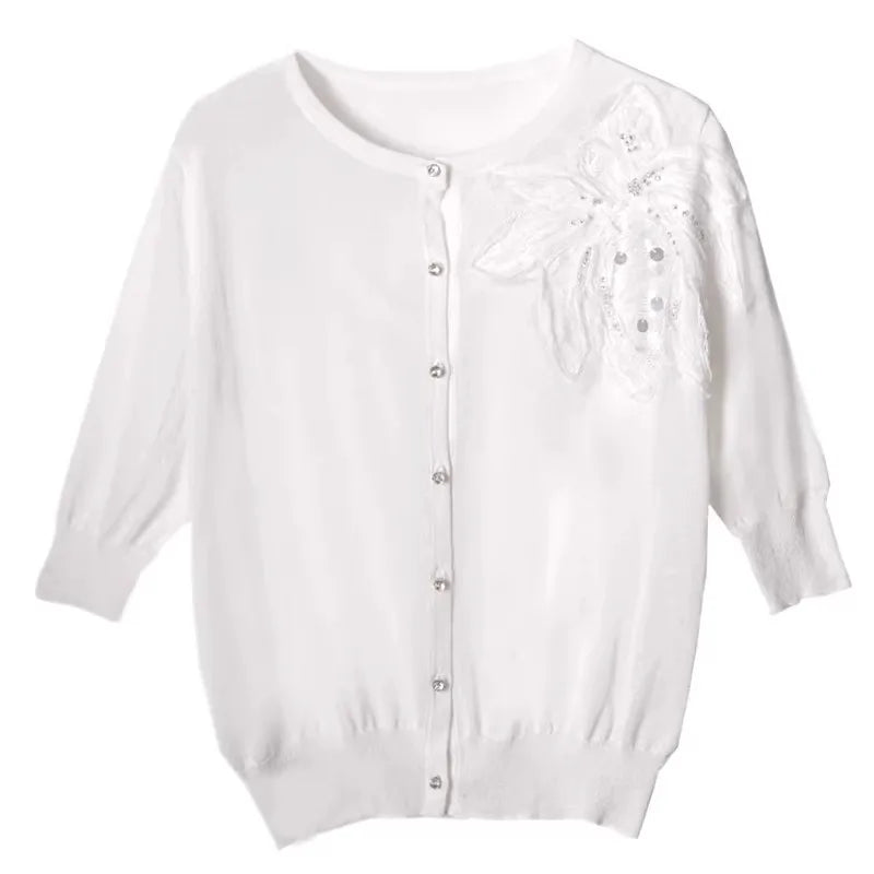 Knitted sunscreen cardigan female short heavy industry flower Korean version loose ice silk thin coat female