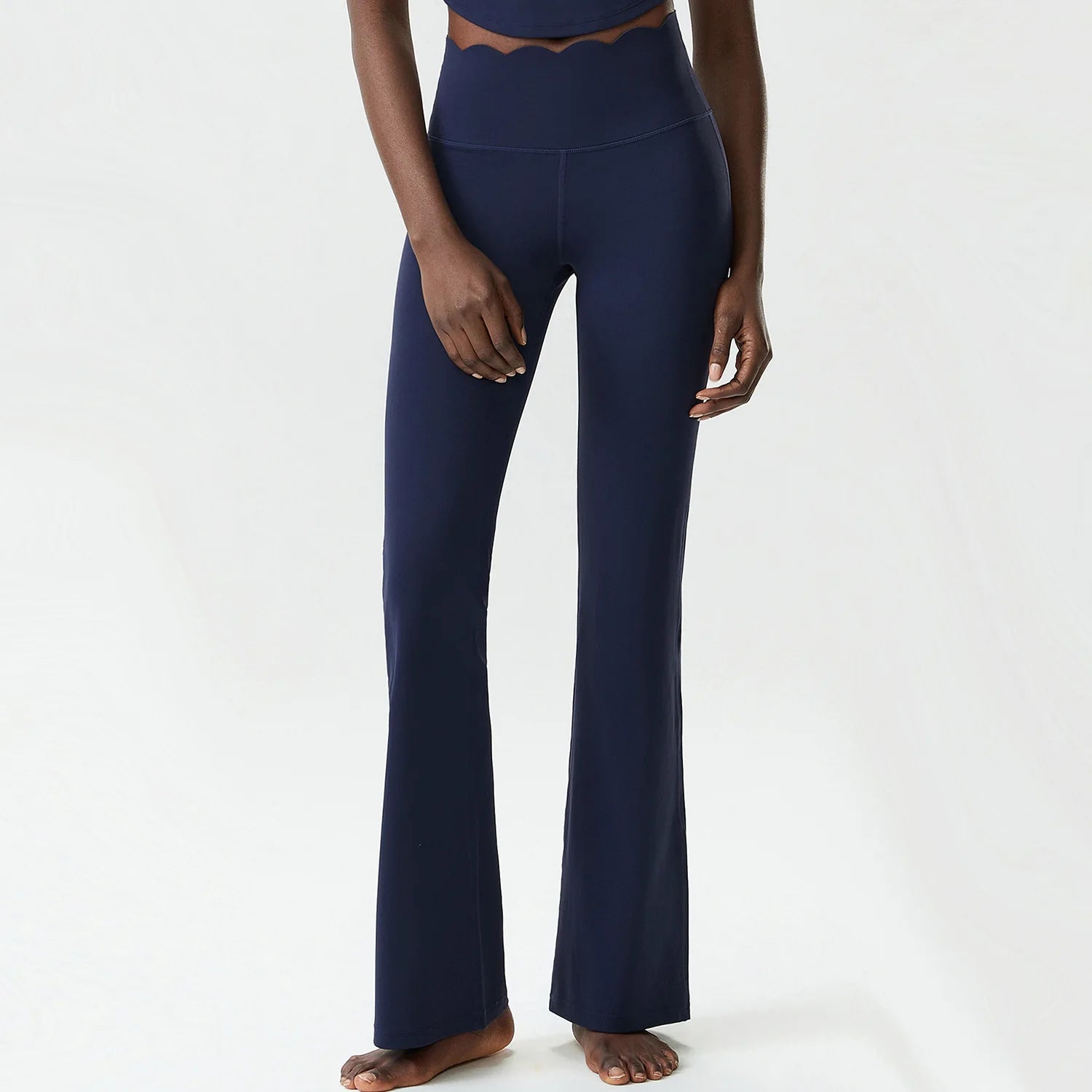 Women's High Waist Nylon Blend Flared Pants with Scalloped Waistband Edge