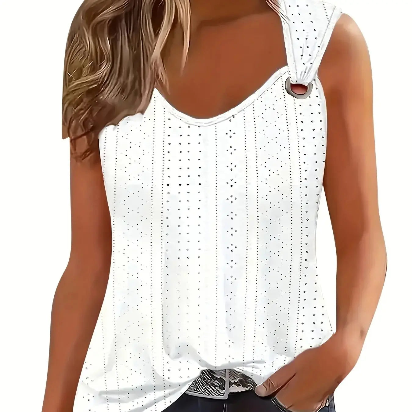 Women's Eyelet Polyester Blend Tank Top with V Neck and Buckle Straps