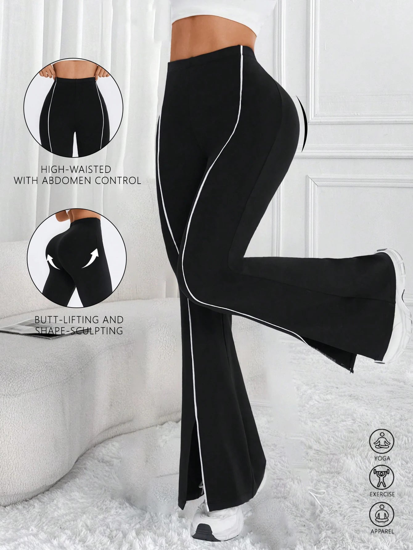 Women's High Waist Polyester Blend Flared Pants with White Contrast Piping