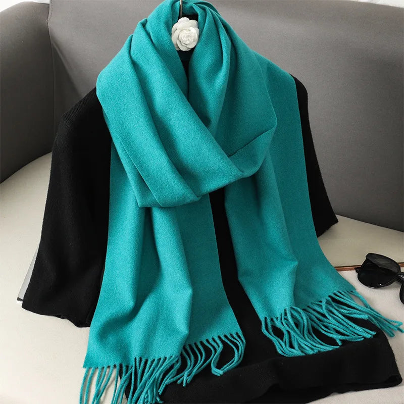 Solid Long Rectangular Scarf with Decorative Fringe Trim