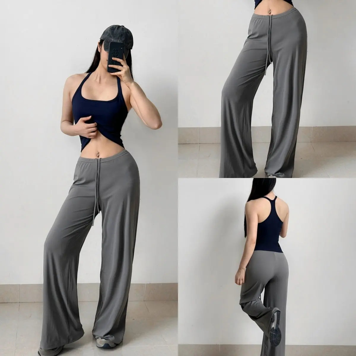 Women's Drawstring Waist Nylon Blend Wide Leg Pants for Casual Activewear