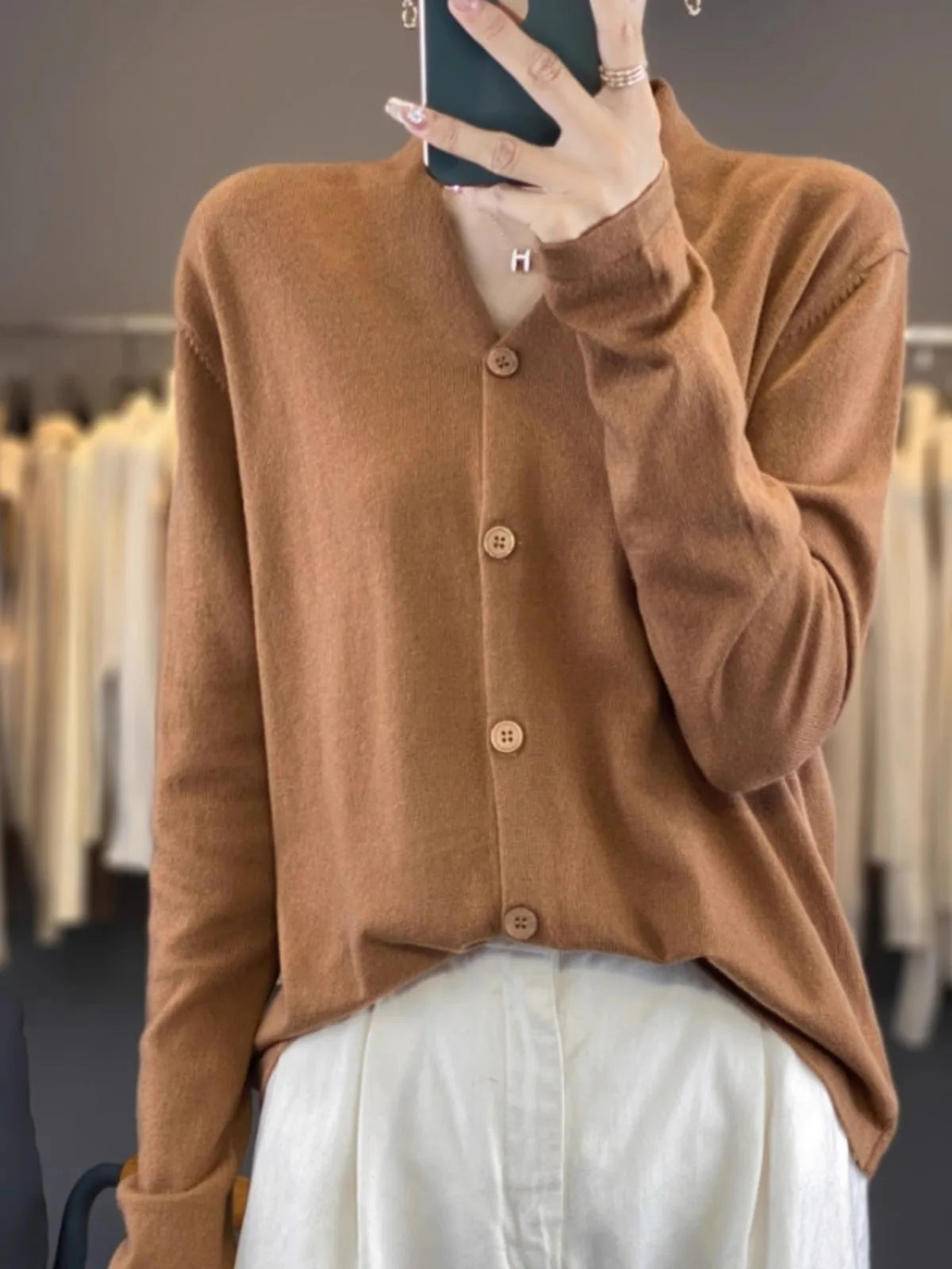 Light luxury retro style! V-neck pure cashmere knit cardigan women's autumn and winter loose wool top bottom sweater coat