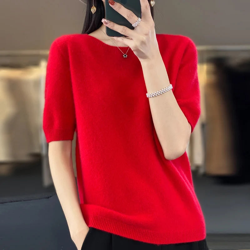 Women's Crew Neck Short Sleeve Sweater Casual Knit Layer