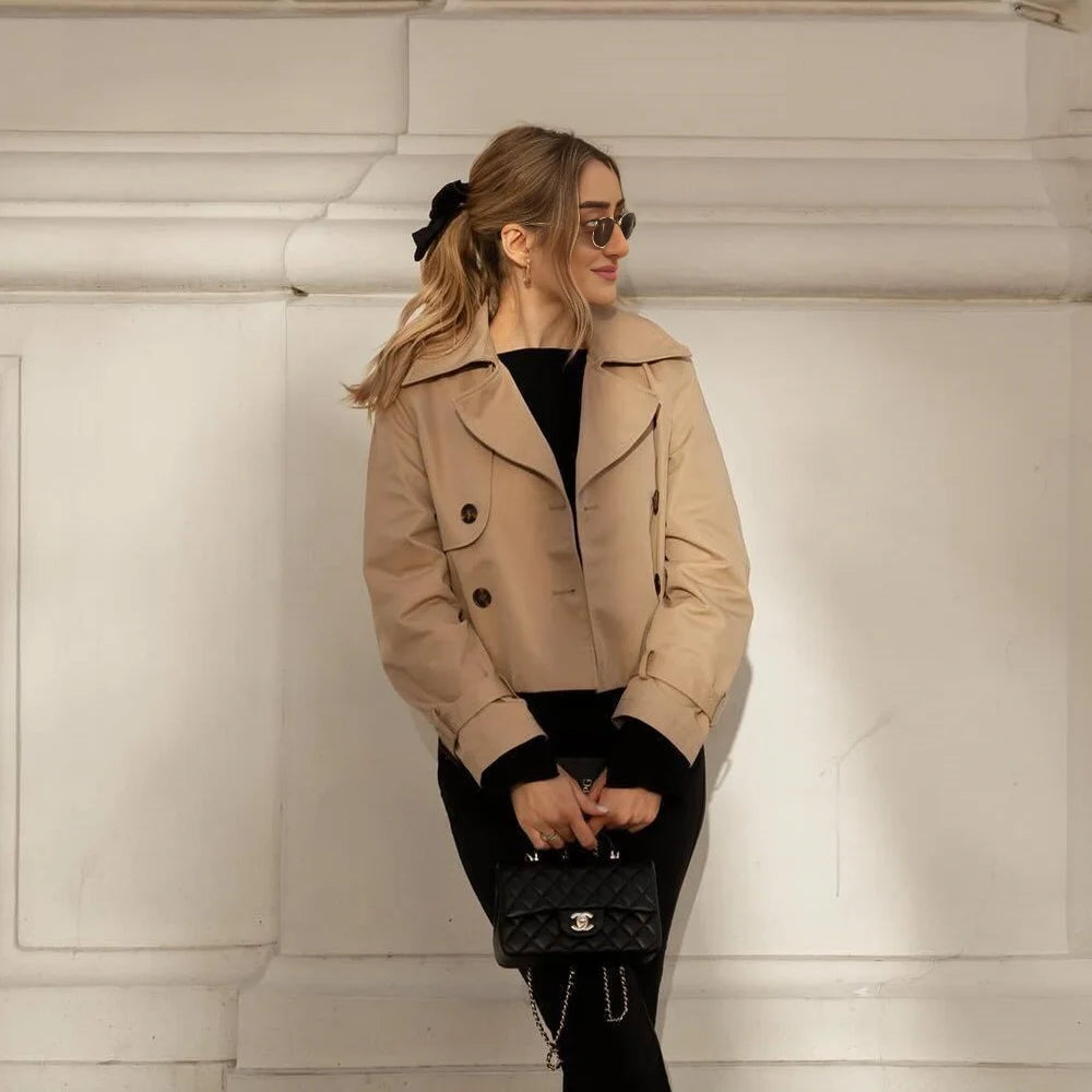 Cropped Double-Breasted Long-Sleeve Trench Jacket
