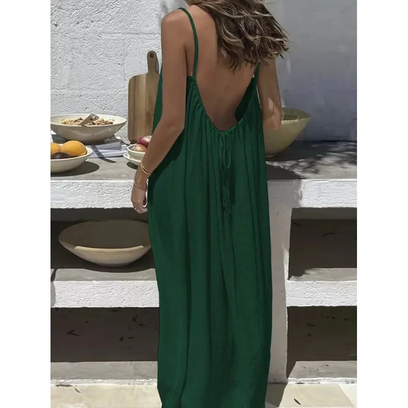 Women's Loose V Neck Spaghetti Strap Maxi Dress For Casual Outfits