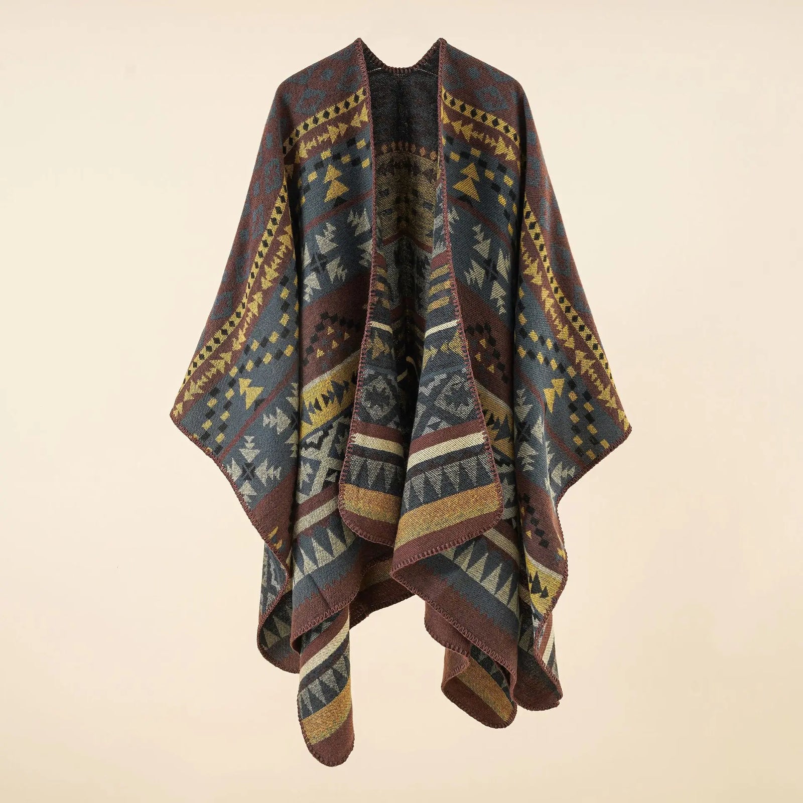 Geometric Pattern Open Front Poncho for Layering over Outfits