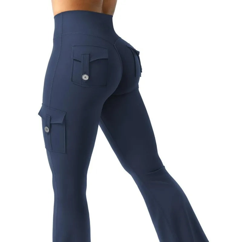 Women's High Waist Polyester Flared Pants with Cargo Style Thigh Pockets