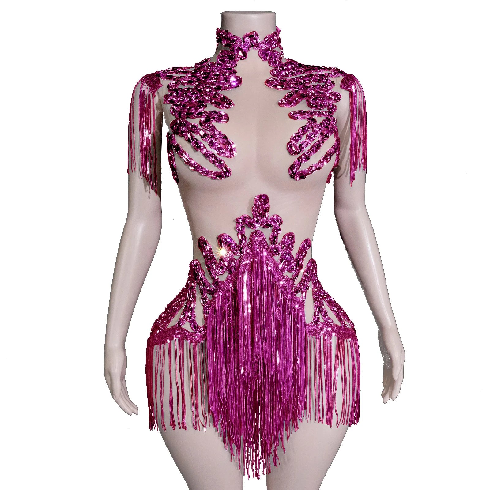 Women's Rhinestone Fringe Mesh Dance Bodysuit for Stage Costume Outfits