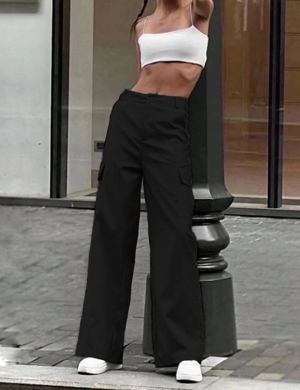 Women's Wide Leg Cargo Pants with Flap Pockets and Waistband