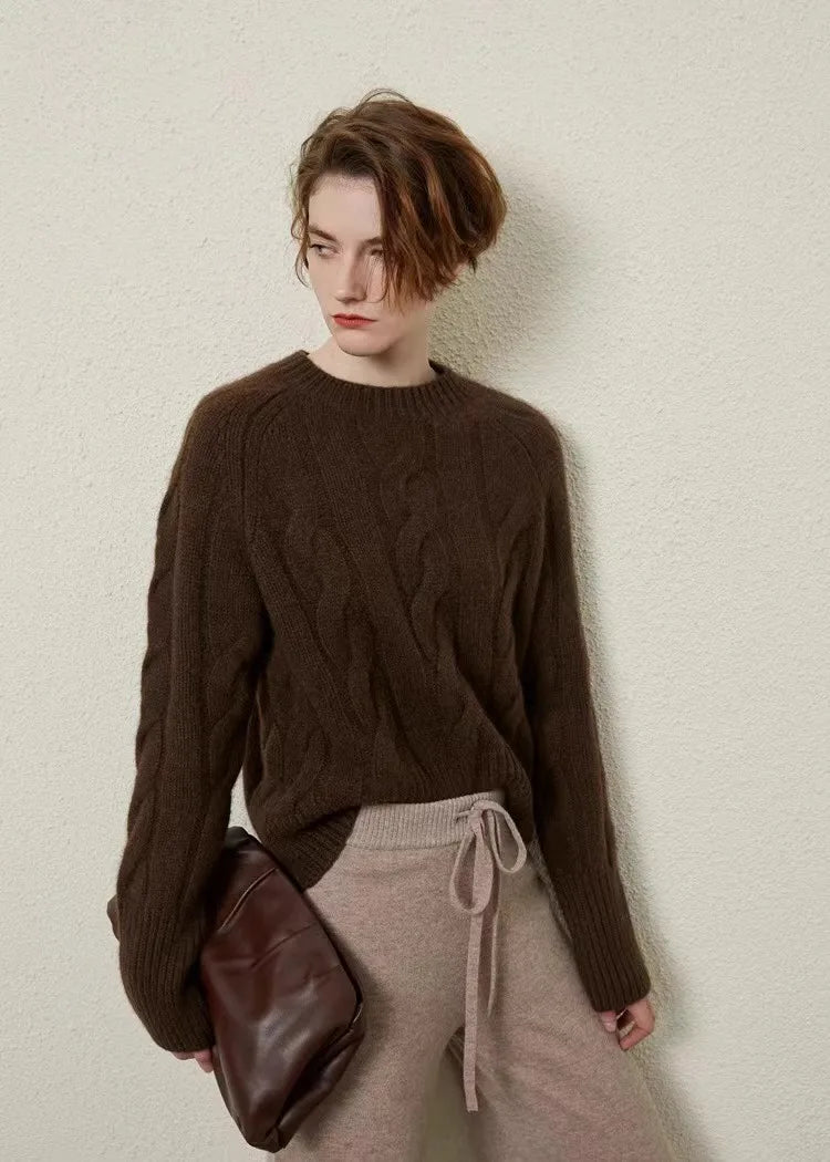 European autumn and winter cashmere sweater women's crewneck twist sweater loose cover to wear pure wool knitted bottom thick