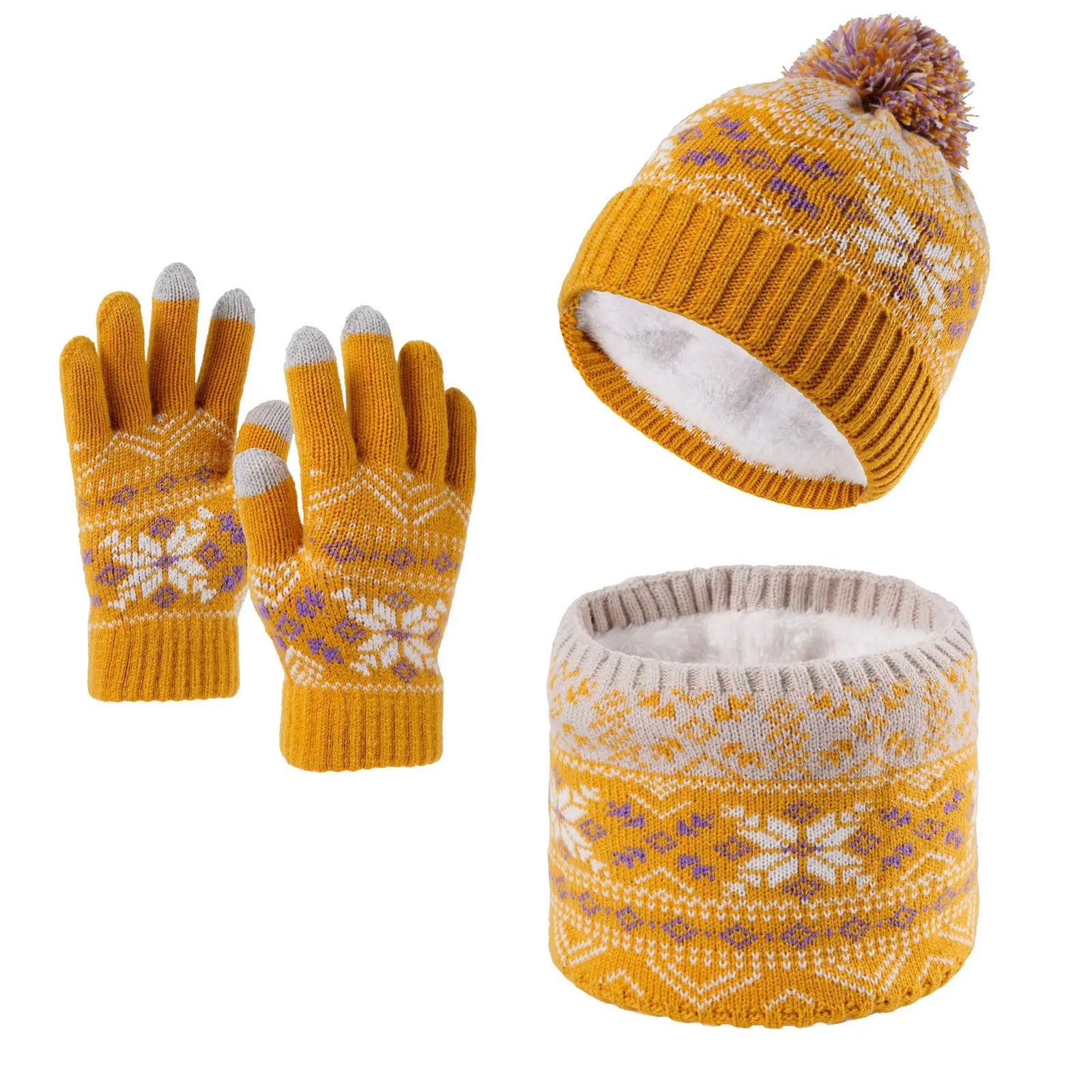 Children's Snowflake Knitted Hat Scarf and Gloves Set for Winter Wear