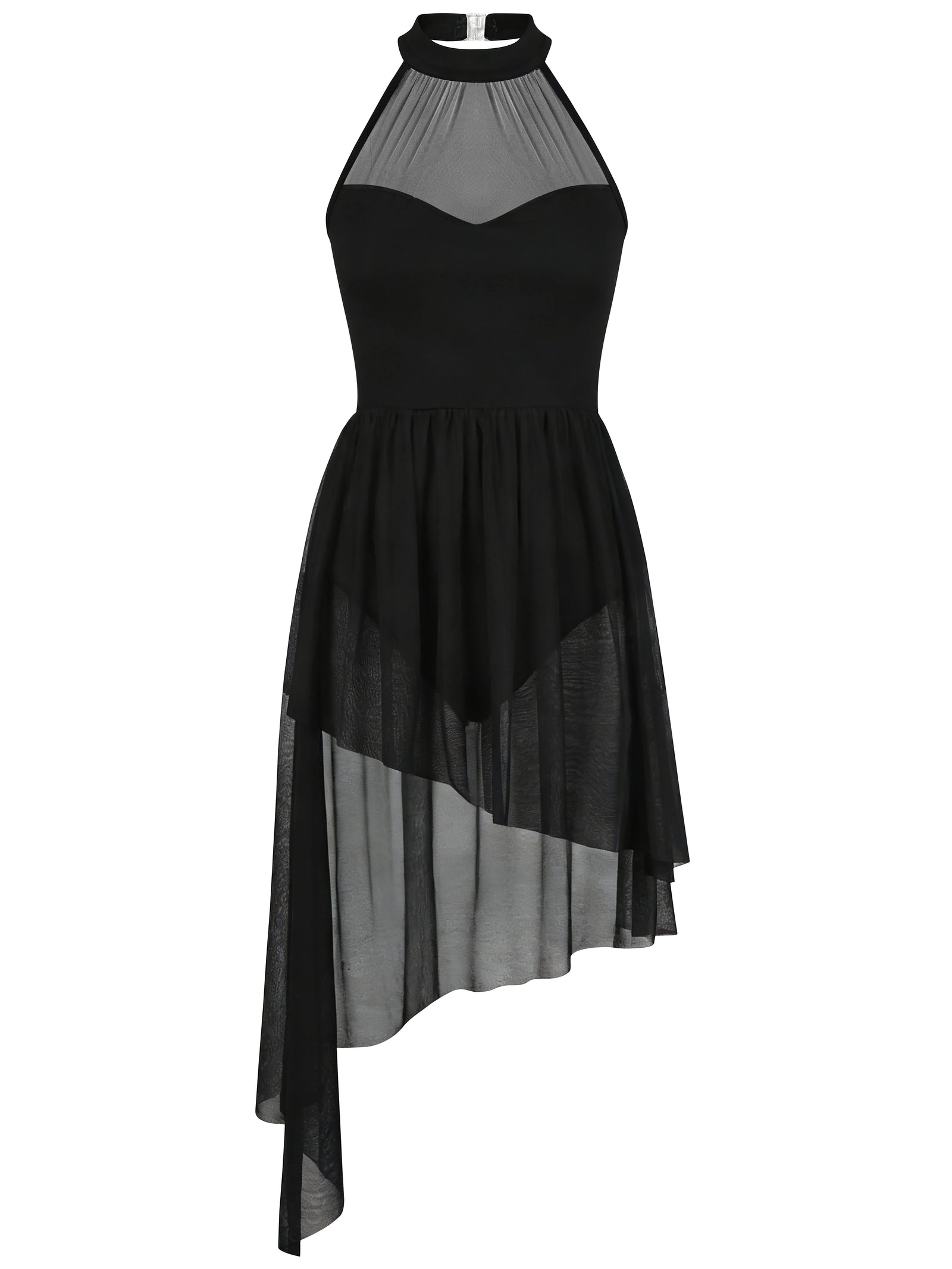 Women's Asymmetric Lyrical Dance Dress with Flowing Skirt and Cutout Bodice