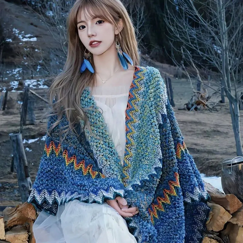 Zigzag Knit Fringe Poncho for Layering over Outfits