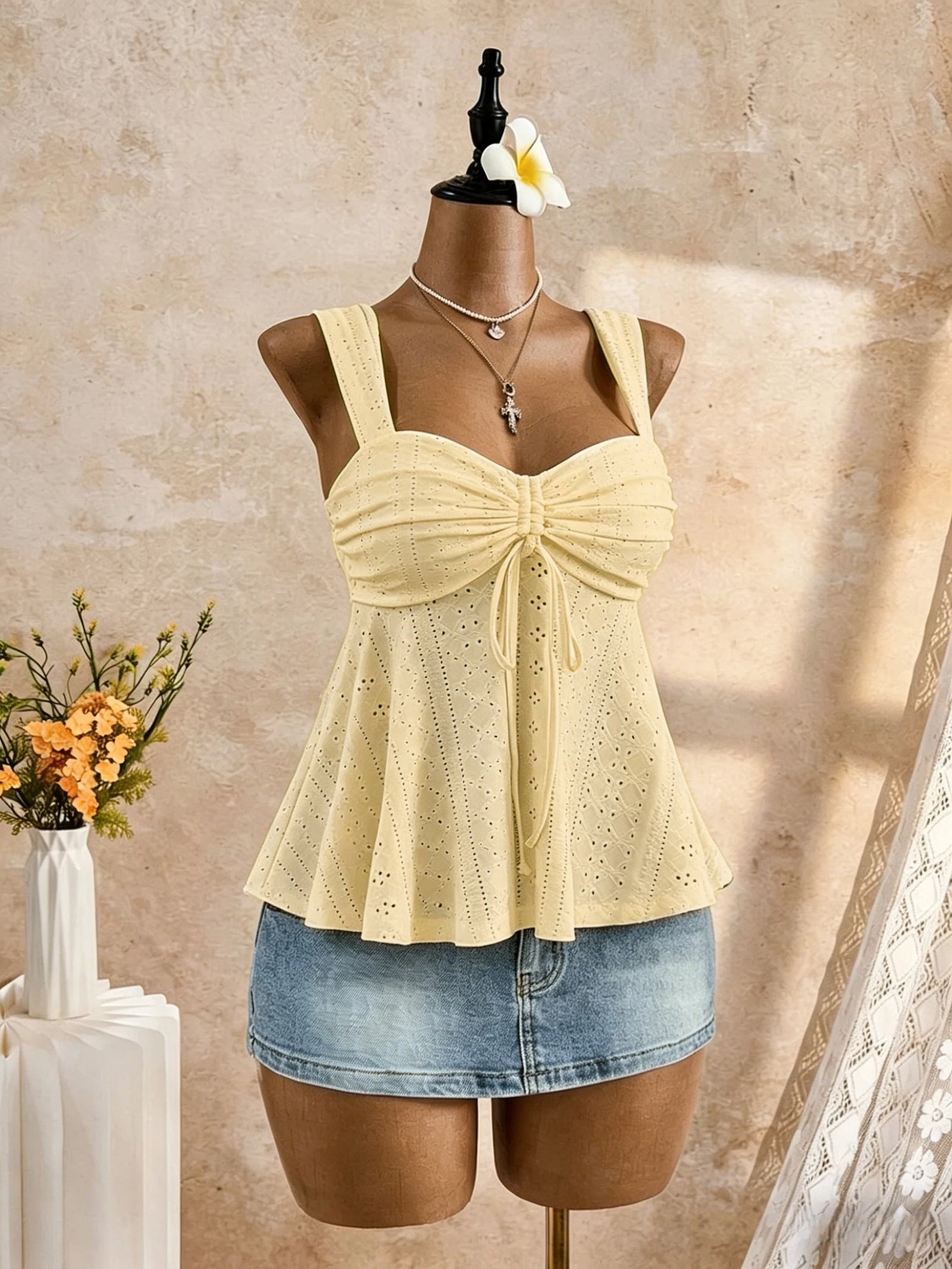 Women's Ruched Polyester Blend Peplum Camisole with Sweetheart Neck and Bow