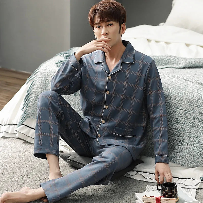 Men's Printed Button Front Long Sleeve Shirt and Pants Pajama Set