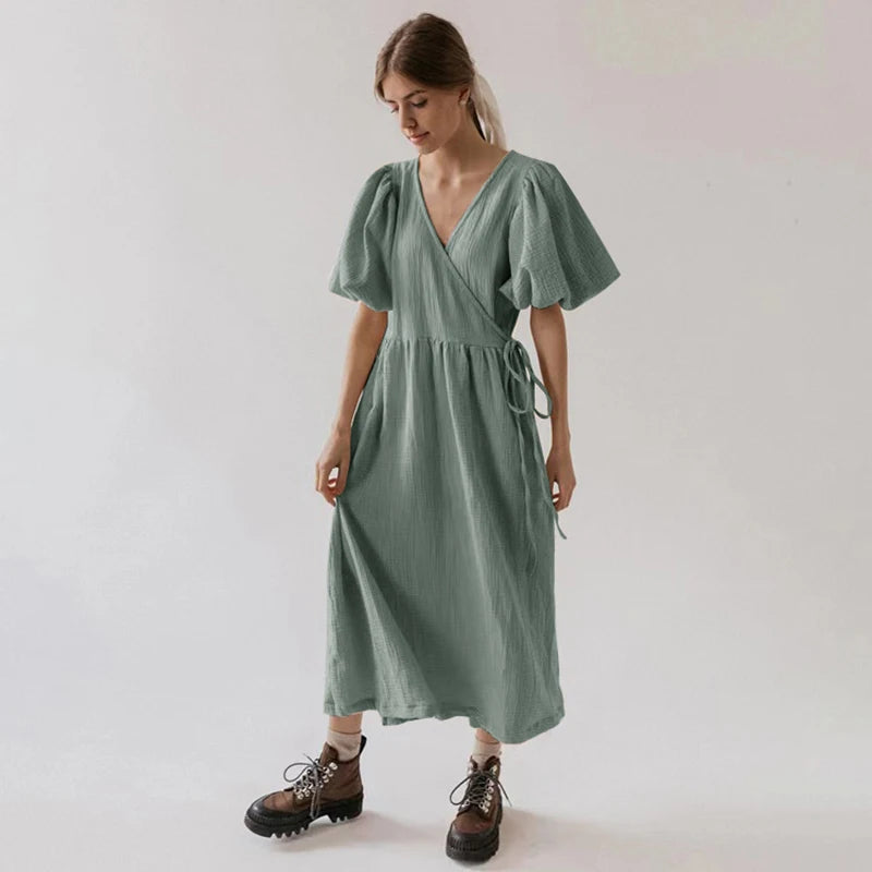 Women's Cotton V-Neck Short-Sleeve Loose A-Line Midi Dress for Casual Summer Outfits