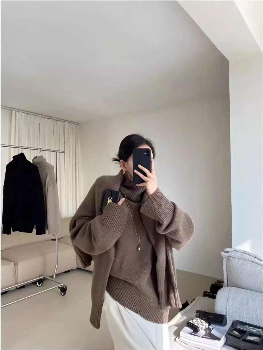 100% pure cashmere sweater for women high-neck sweater loose and thickened silhouette sweater