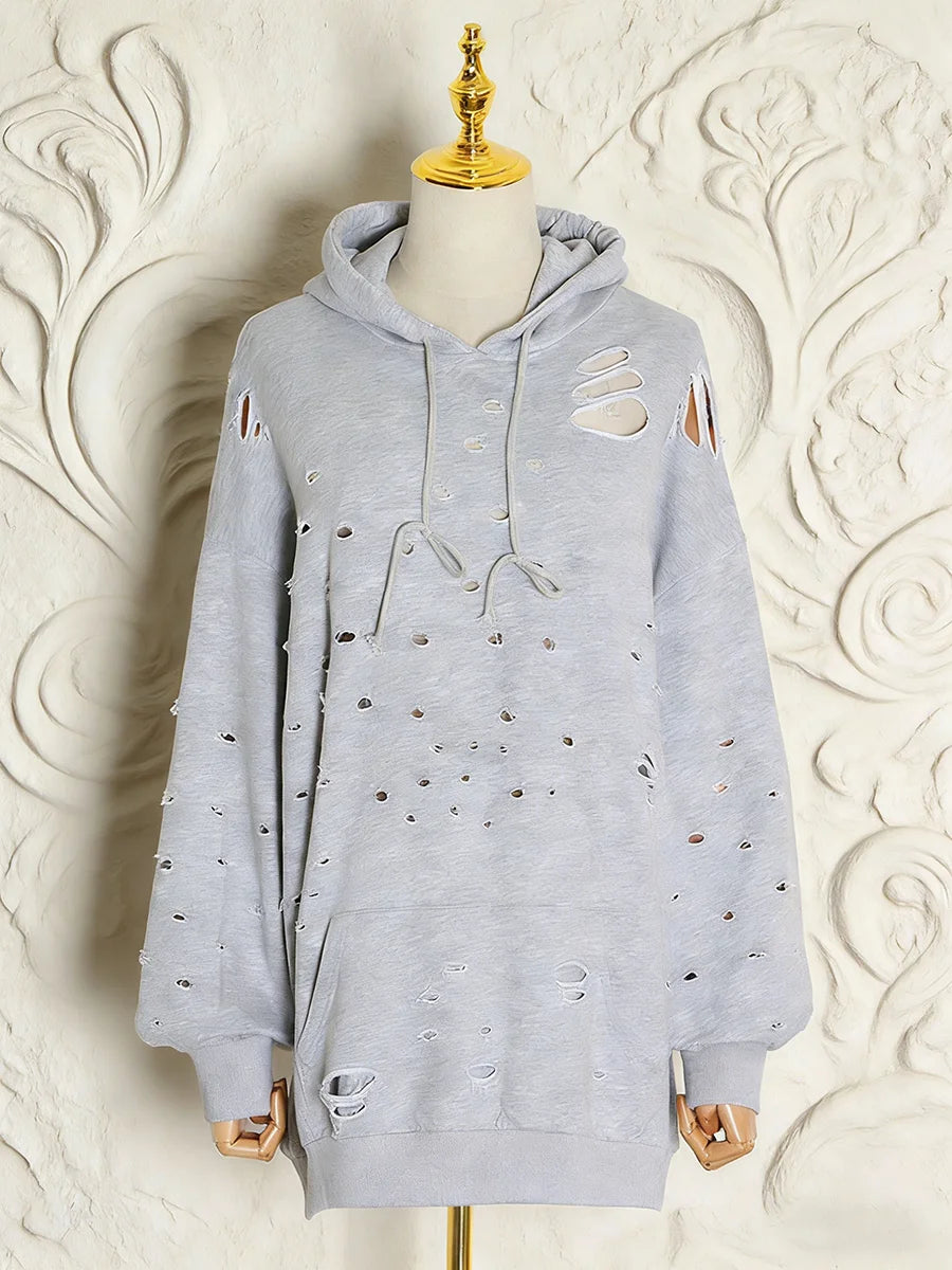 Distressed Long Sleeve Pullover Casual Hoodie for Layering