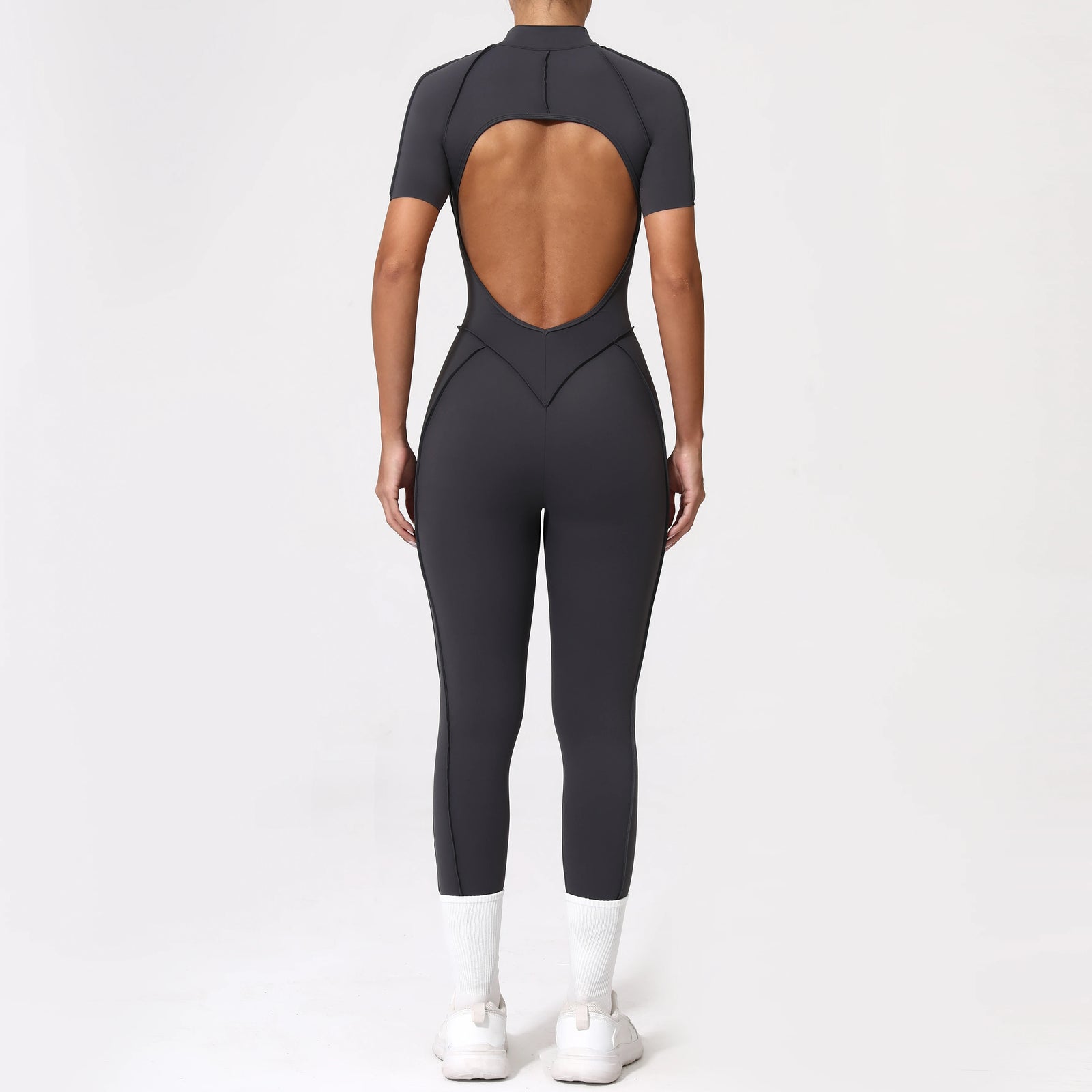 Women's Cap Sleeve Zip Front Back Cutout Workout Jumpsuit