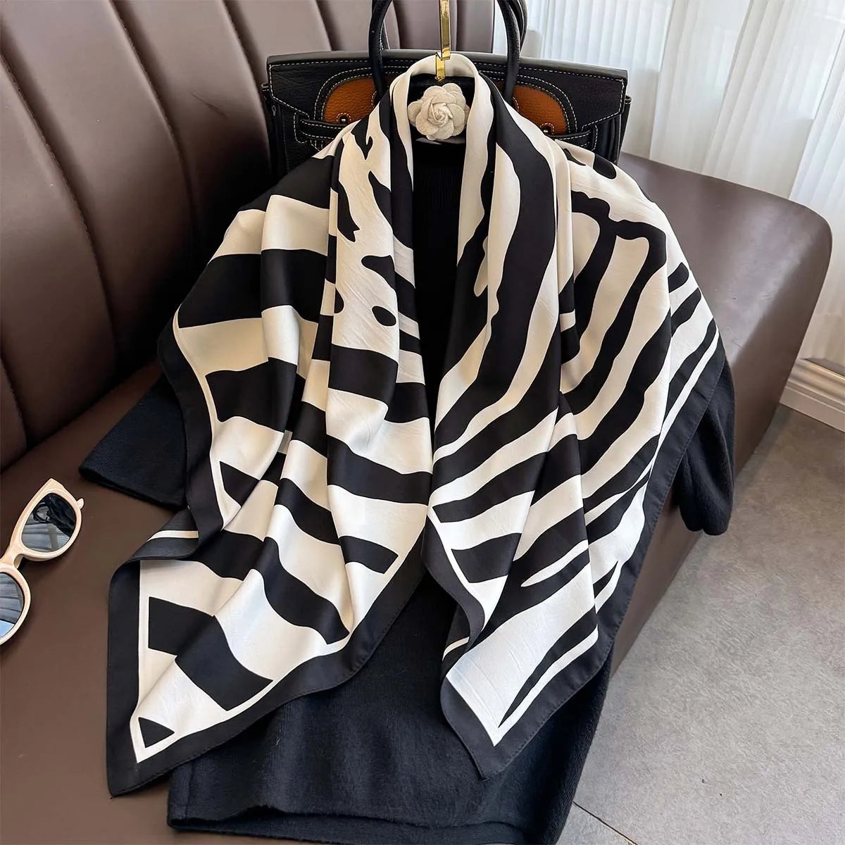 Printed Large Square Scarf with Decorative Border Designs