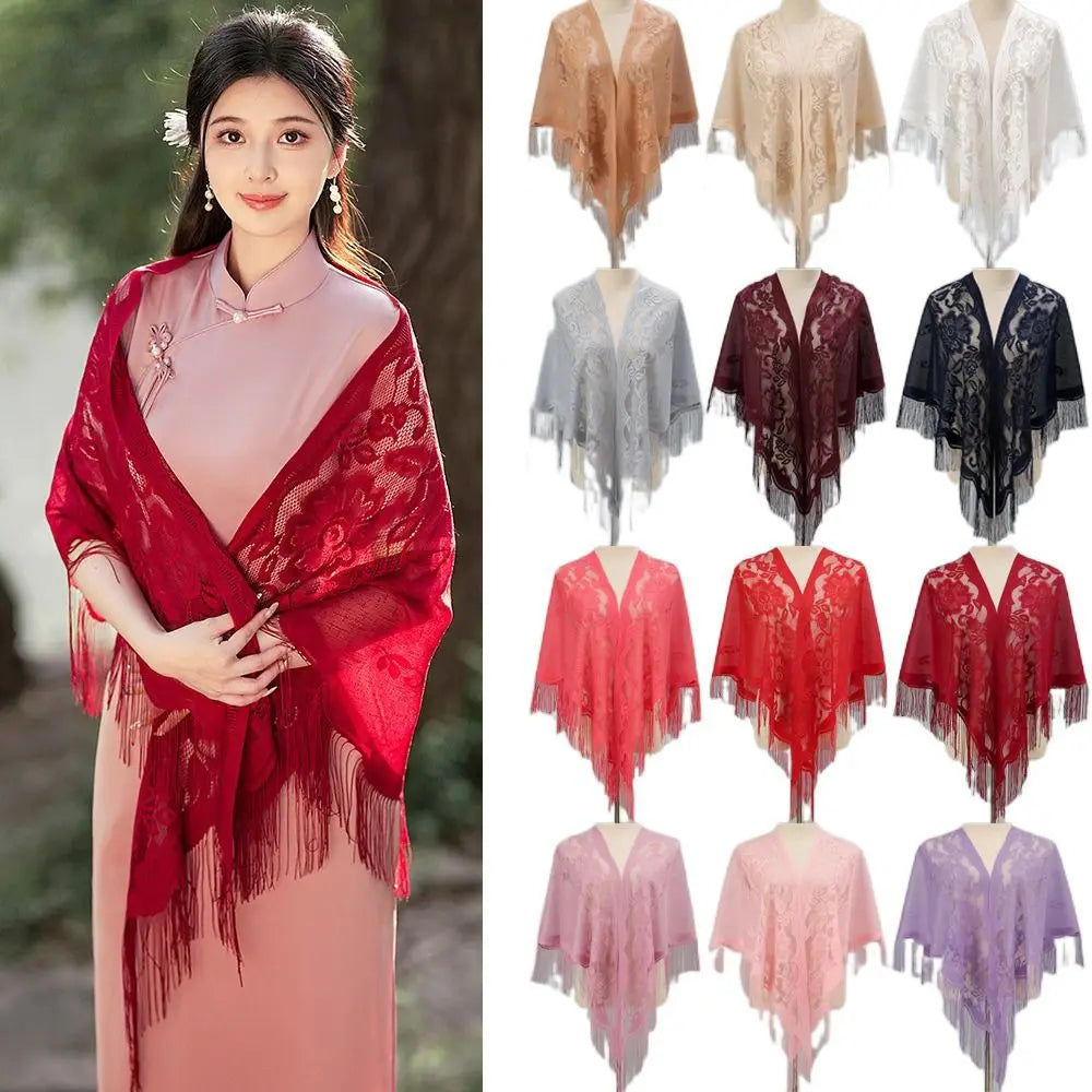 Floral Lace Fringed Wrap Scarf for Layering over Outfits