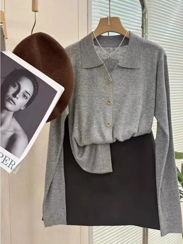 POLO lapel cashmere knit cardigan women's spring and autumn thin loose sweater short wool coat