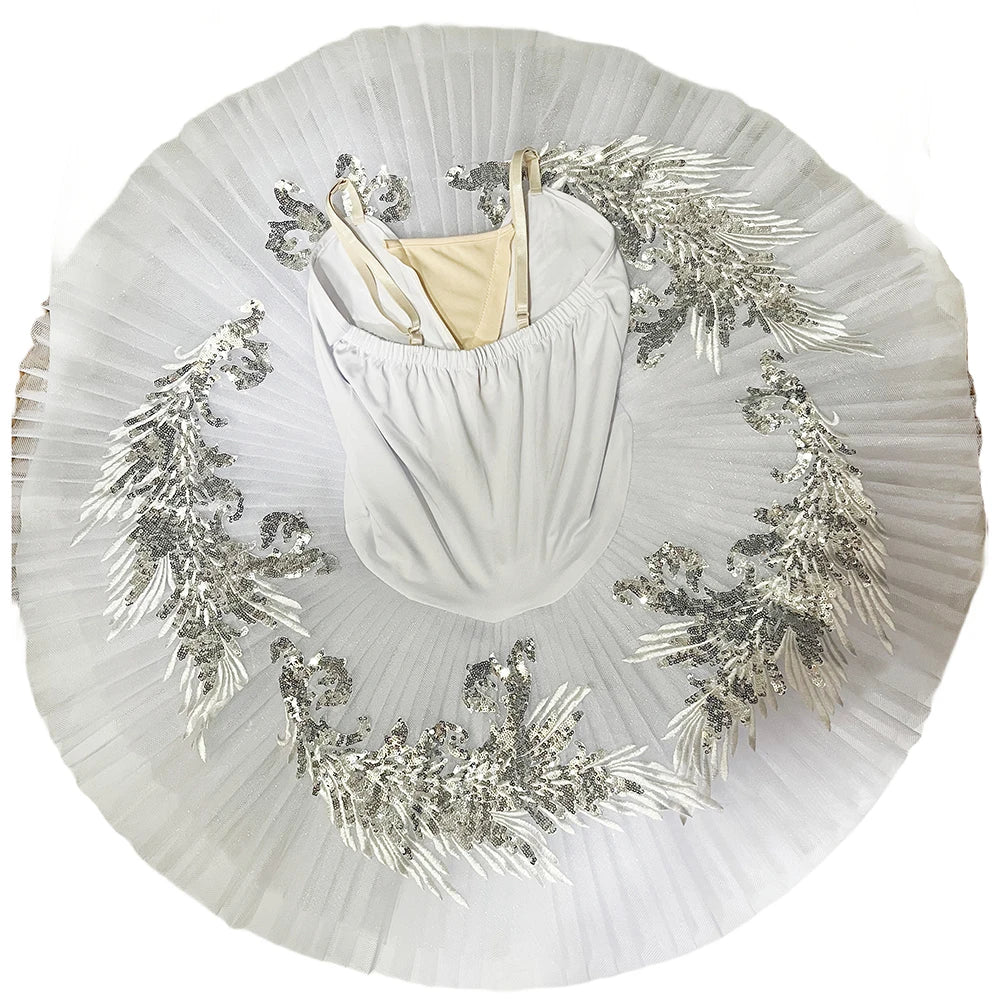 Girls' White Pancake Ballet Tutu Costume with Decorated Bodice and Kids Sizes