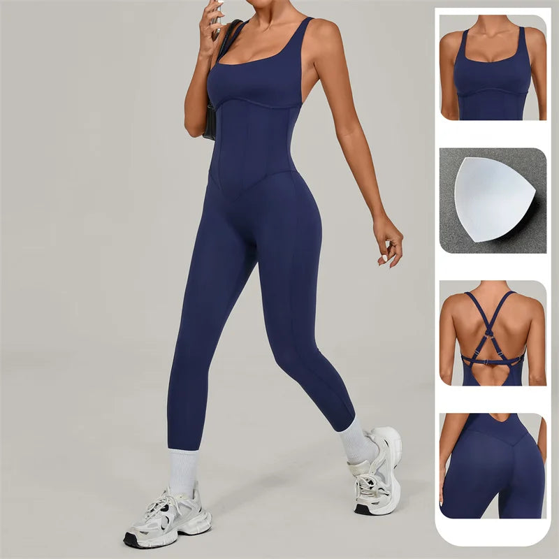 Women's Thin Strap Nylon Blend Workout Jumpsuit with Crisscross Back