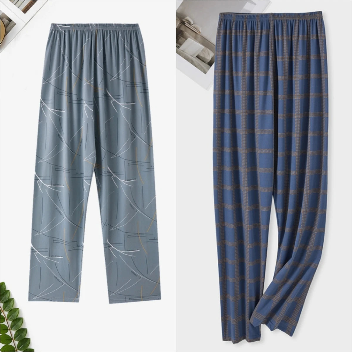 Men's Printed Elastic Waist Long Pajama Pants with Style Options