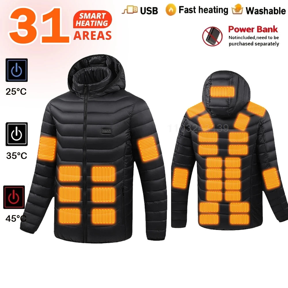 USB Heated Hooded Full Zip Long Sleeve Outdoor Jacket