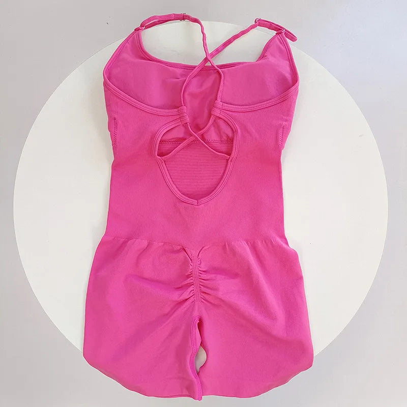 Women's Ribbed Nylon Blend Workout Romper with Lace Up Open Back