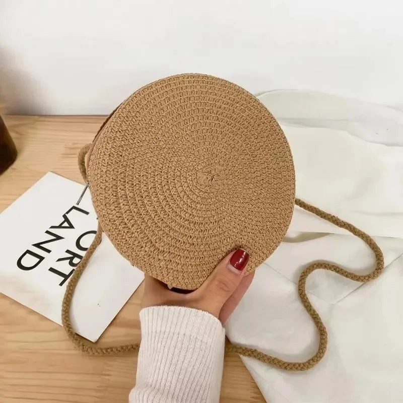 Round Woven-Look Crossbody Shoulder Bag with Zipper for Everyday Outfits