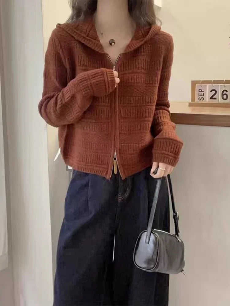 Autumn and Winter Thickened 100% Pure Wool Women's Hooded Knit Cardigan Loose Sweater Coat with Double Zippers Short Style