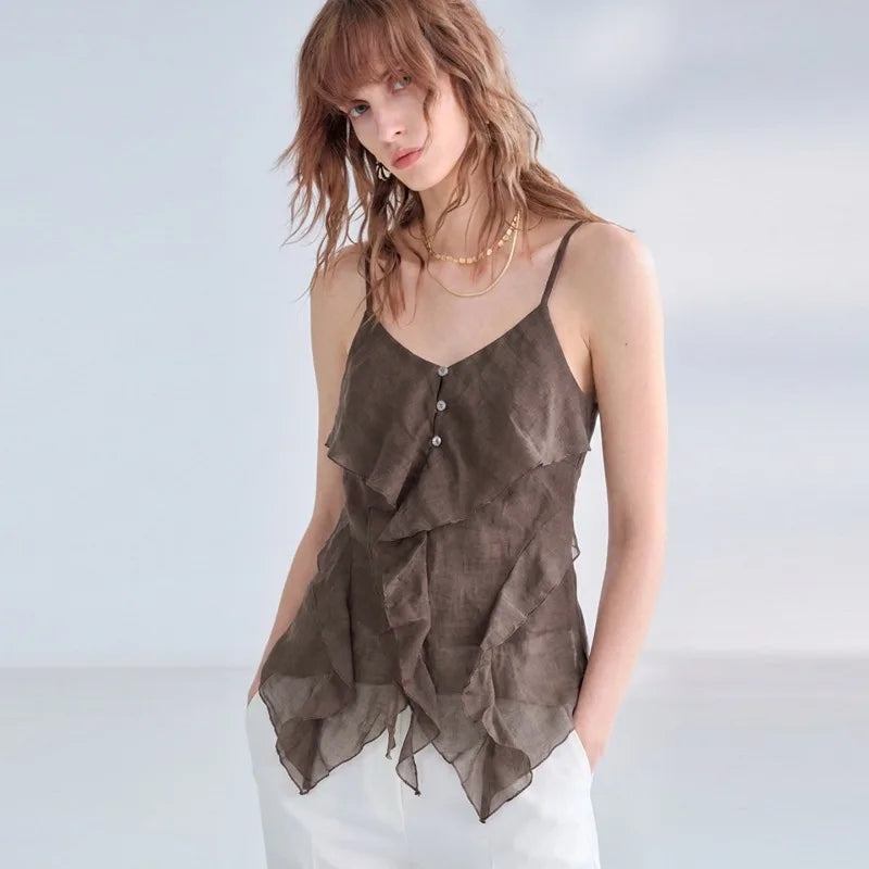 Women's Ramie Sleeveless Camisole Top with Asymmetric Hem and Decorative Front Buttons