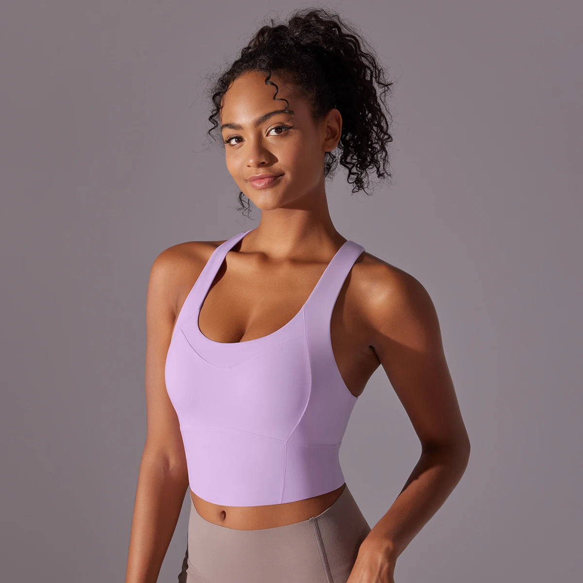 Women's Cross Back Nylon Blend Longline Sports Bra with Scoop Neck