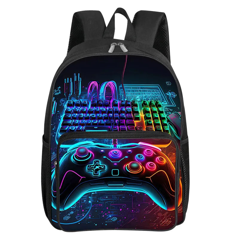 Children's Gamepad Print Backpack with Front Pocket and Twin Shoulder Straps
