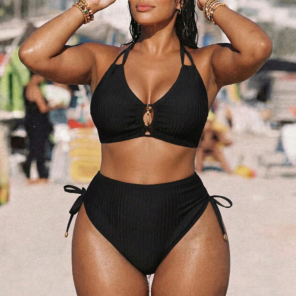 Women's Halter Keyhole Top and Side Tie Bikini Briefs Set