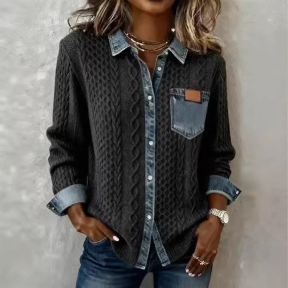 Women's Cable Knit Cardigan with Denim Look Panels