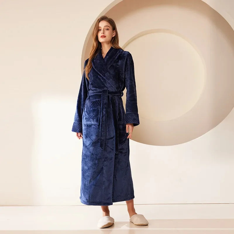Long Flannel Fleece Tie Waist Bathrobe with Pockets