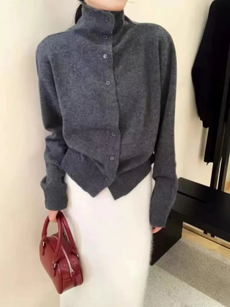 French-style high-neck 100 pure cashmere knitted cardigan for women's autumn and winter loose sweater with wool base coat