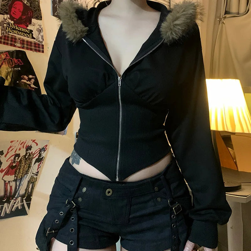 Fluffy Trim Long Sleeve Full Zip Casual Hoodie