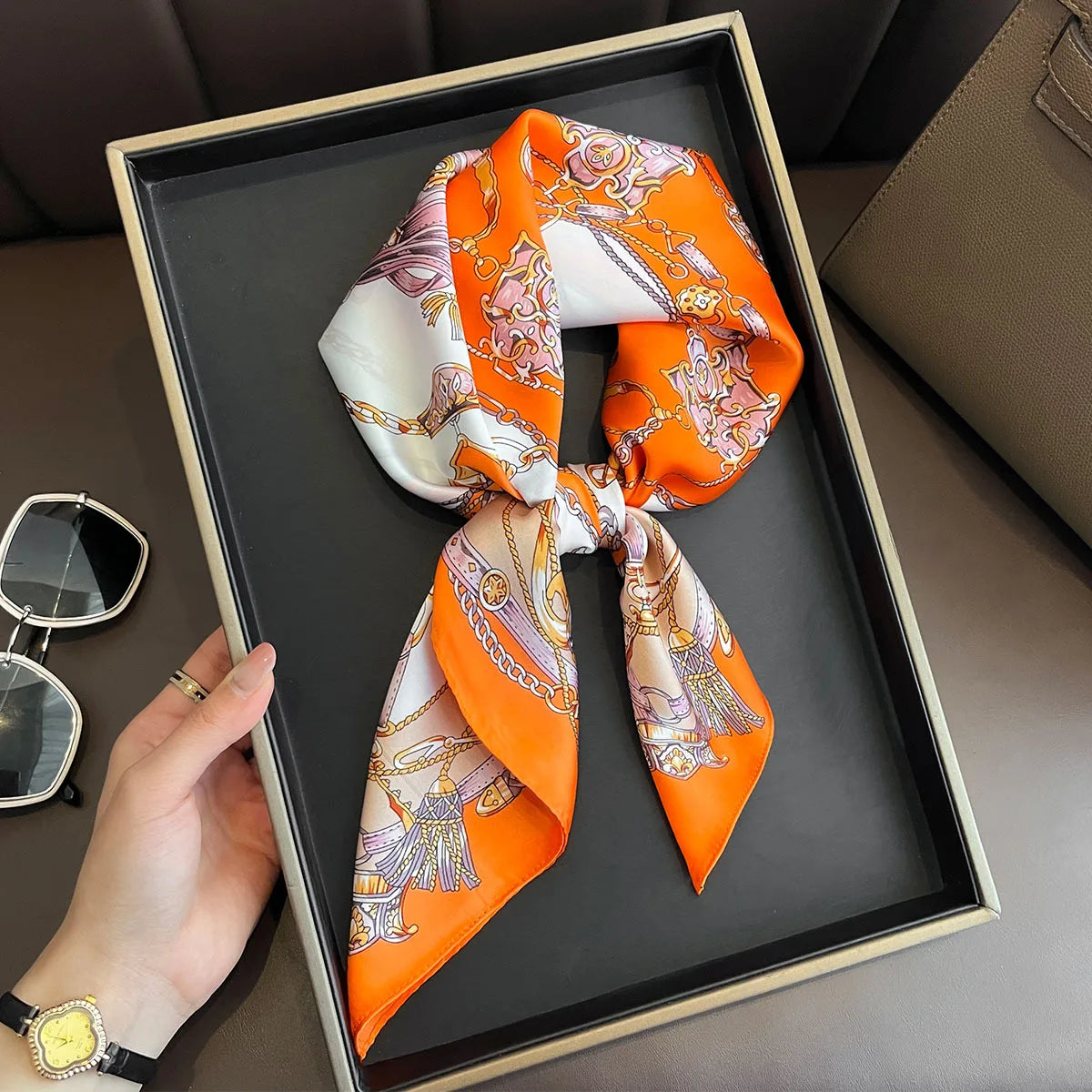 Ornate Print Square Scarf with Decorative Border Patterns